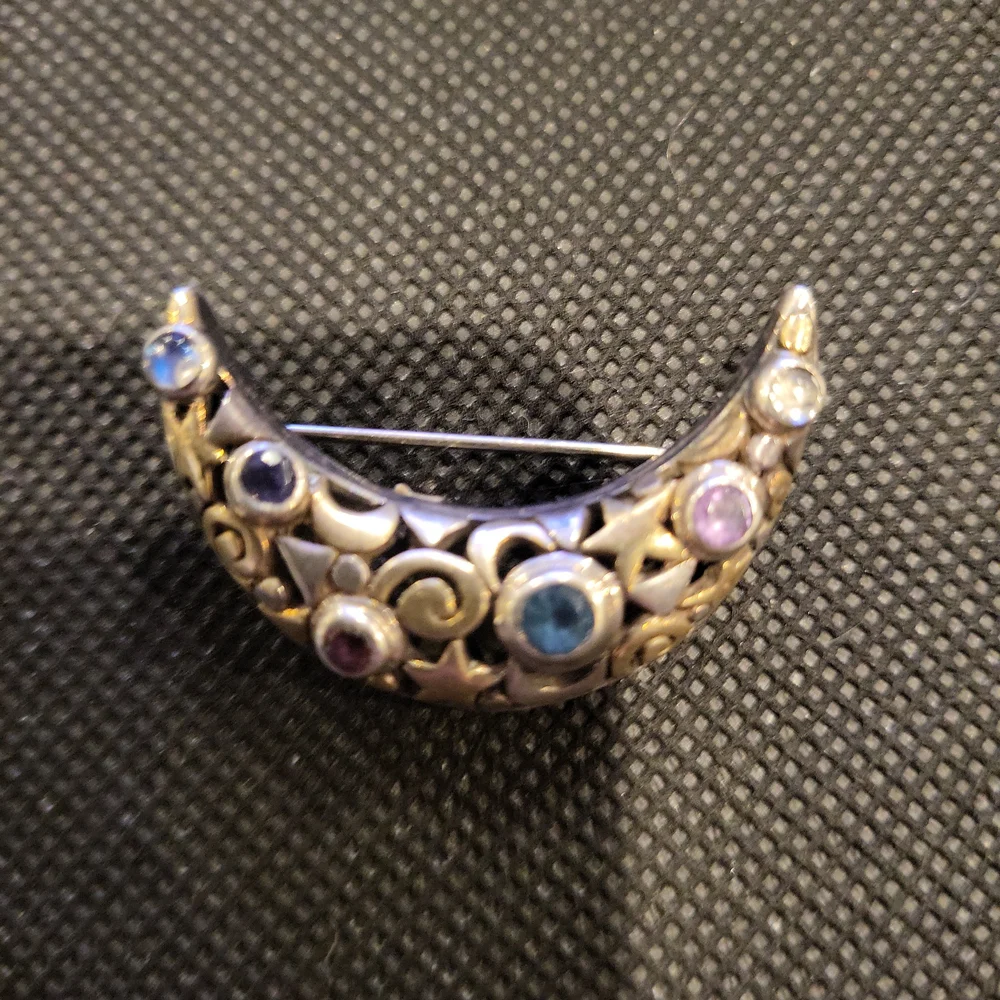 Crescent Moon & Stars Birthstone Sterling Silver Brooch